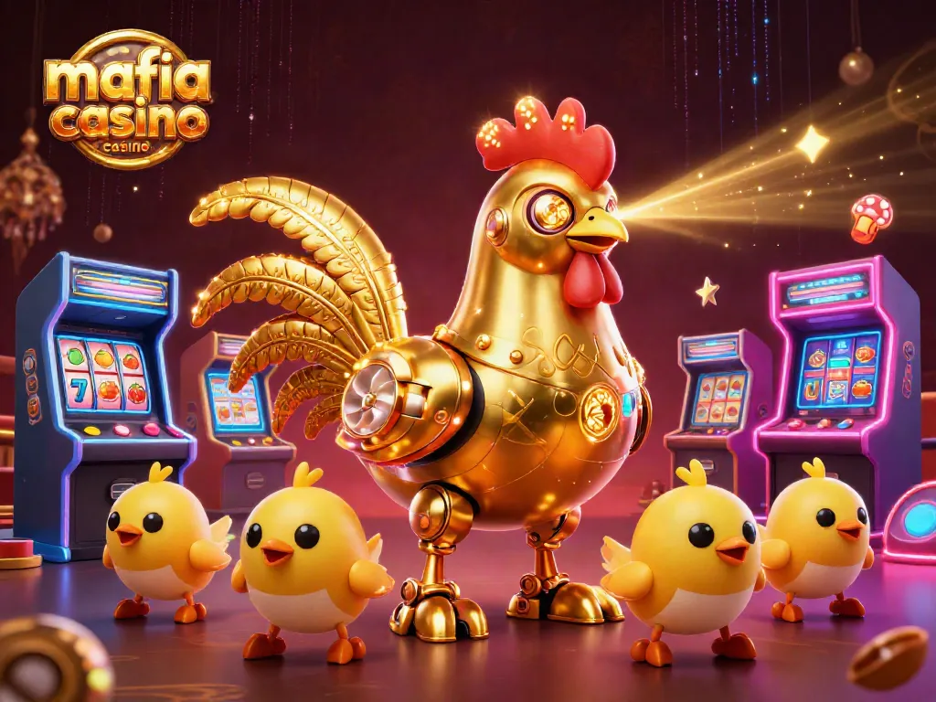 Experience gaming excitement with mafia casino casino, featuring a golden rooster robot and arcade elements