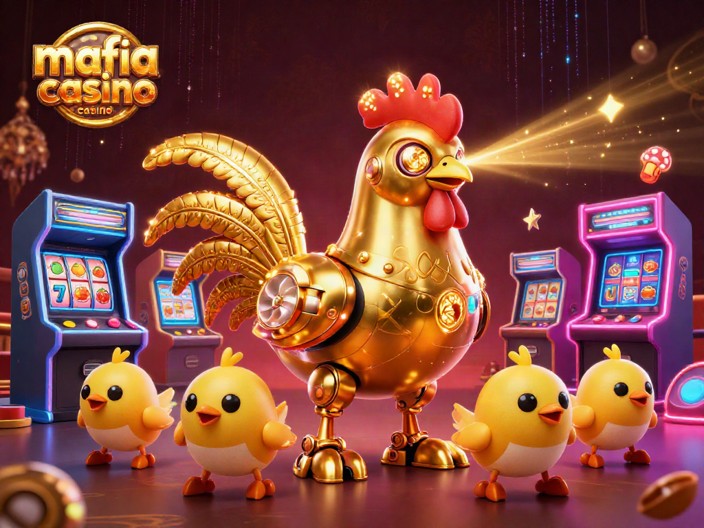 Experience gaming excitement with mafia casino casino, featuring a golden rooster robot and arcade elements