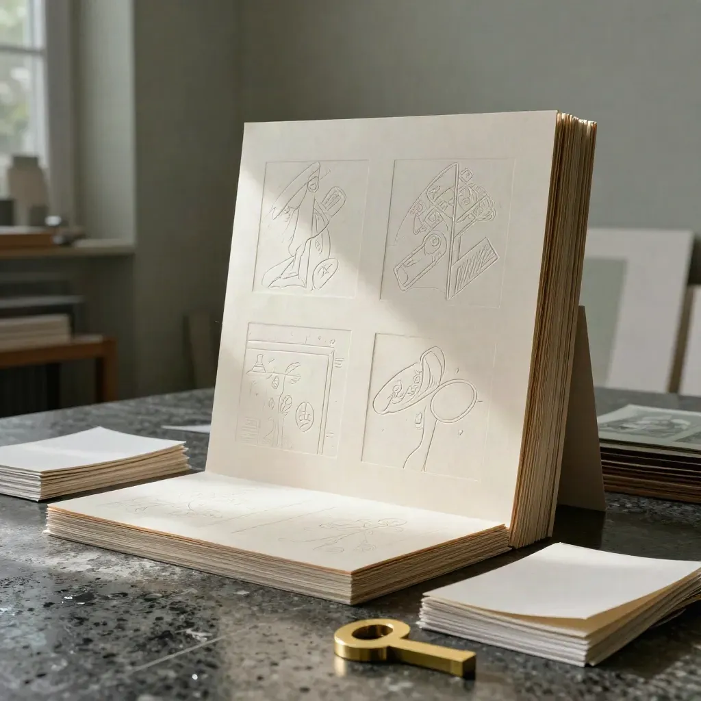 Atelier creativo con tavole, maquette in ottone e carta materica in luce radente