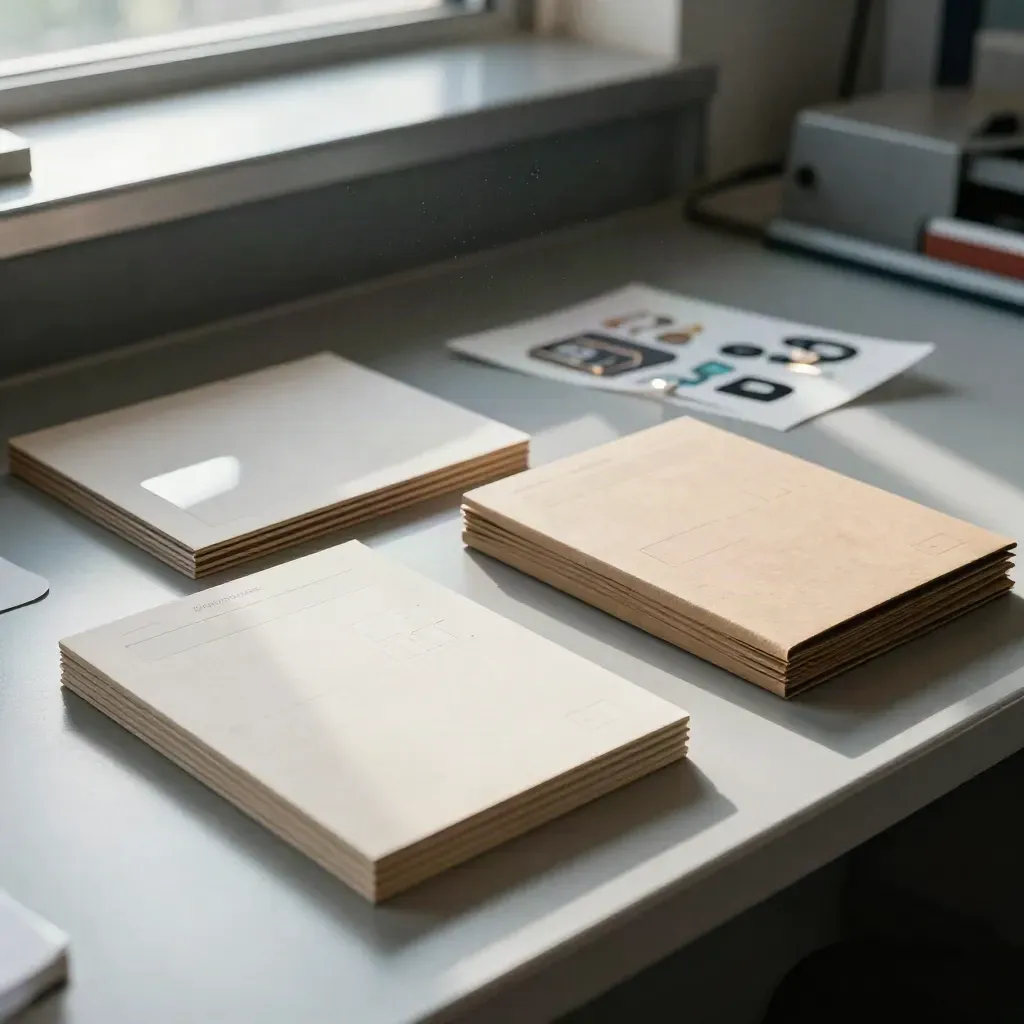Macro di prototipi packaging per startup, strip bianche e blocchi letterform su banco in atelier.