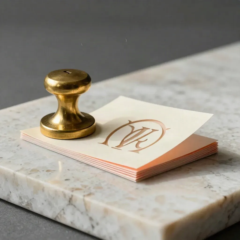 Monogramma in ottone e prove logo su travertino, in luce radente.