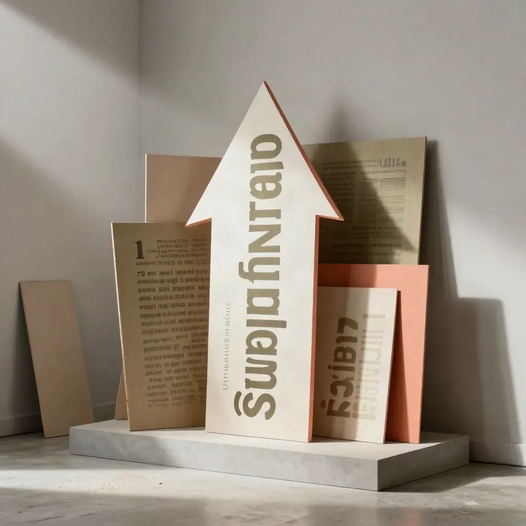 Installazione di concept campagna con sagome di carta, campioni e piedistalli in uno studio in penombra