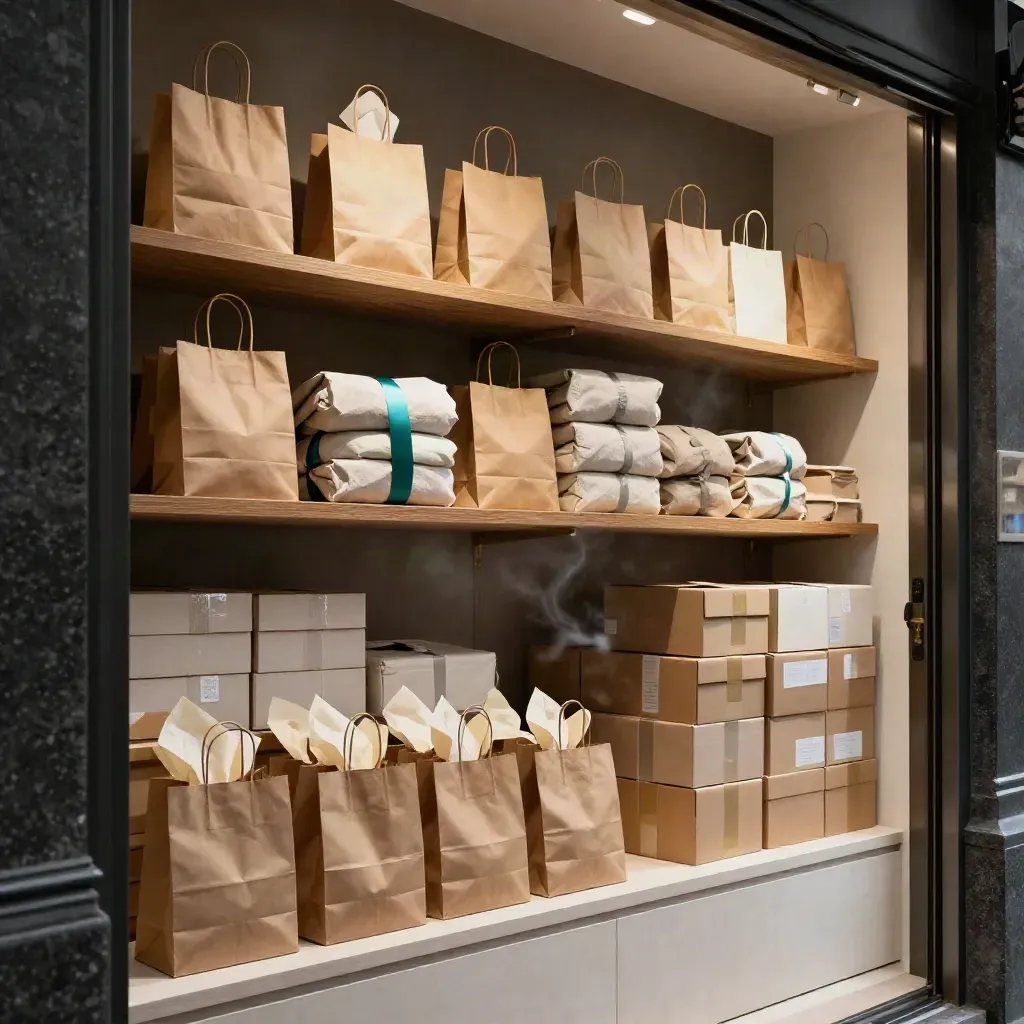 Angolo boutique finito con borse, scatole e scaffali caldi, vuoto e pronto all’apertura.