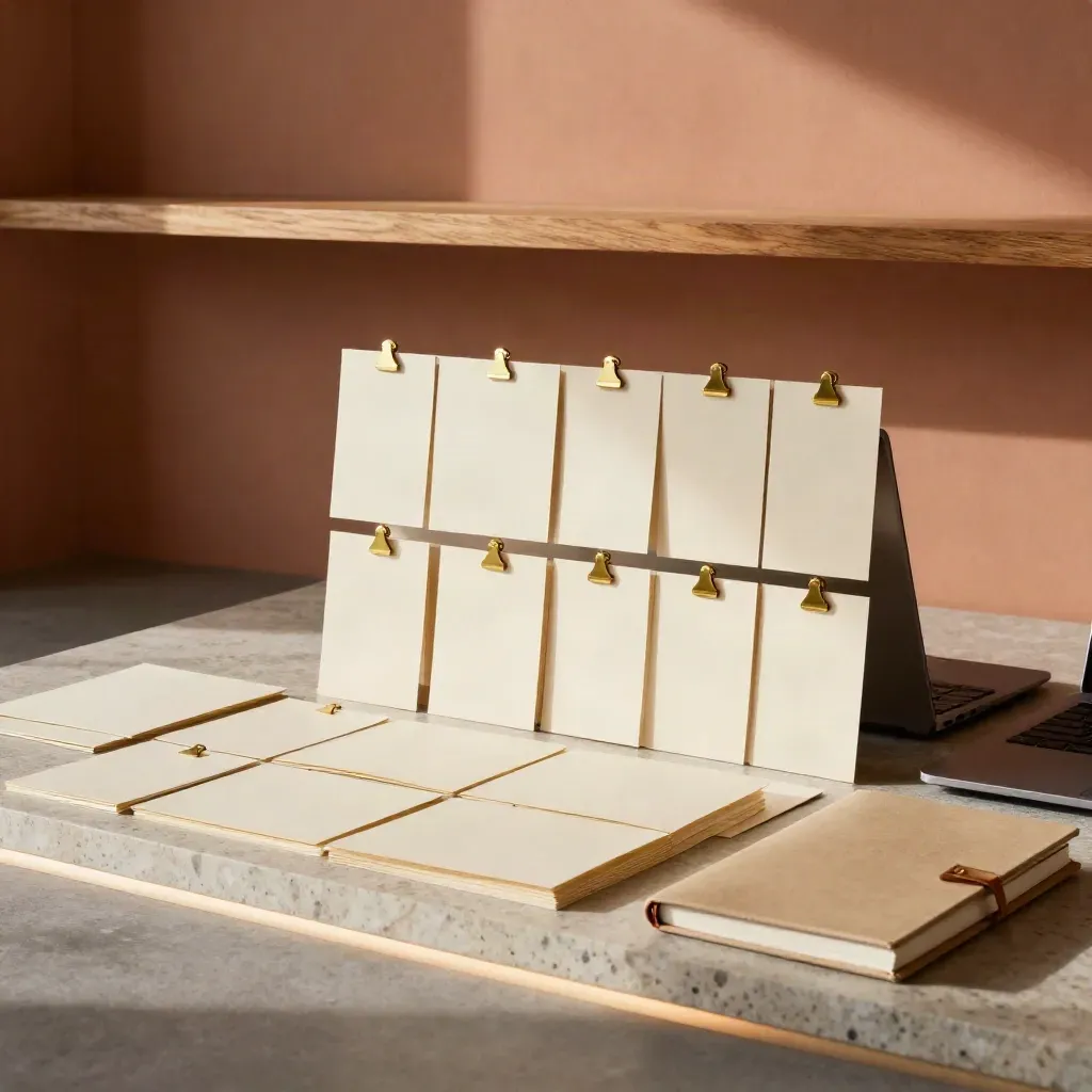Piano contenuti con carte, tab cromatiche, notebook e laptop chiuso in studio ordinato.