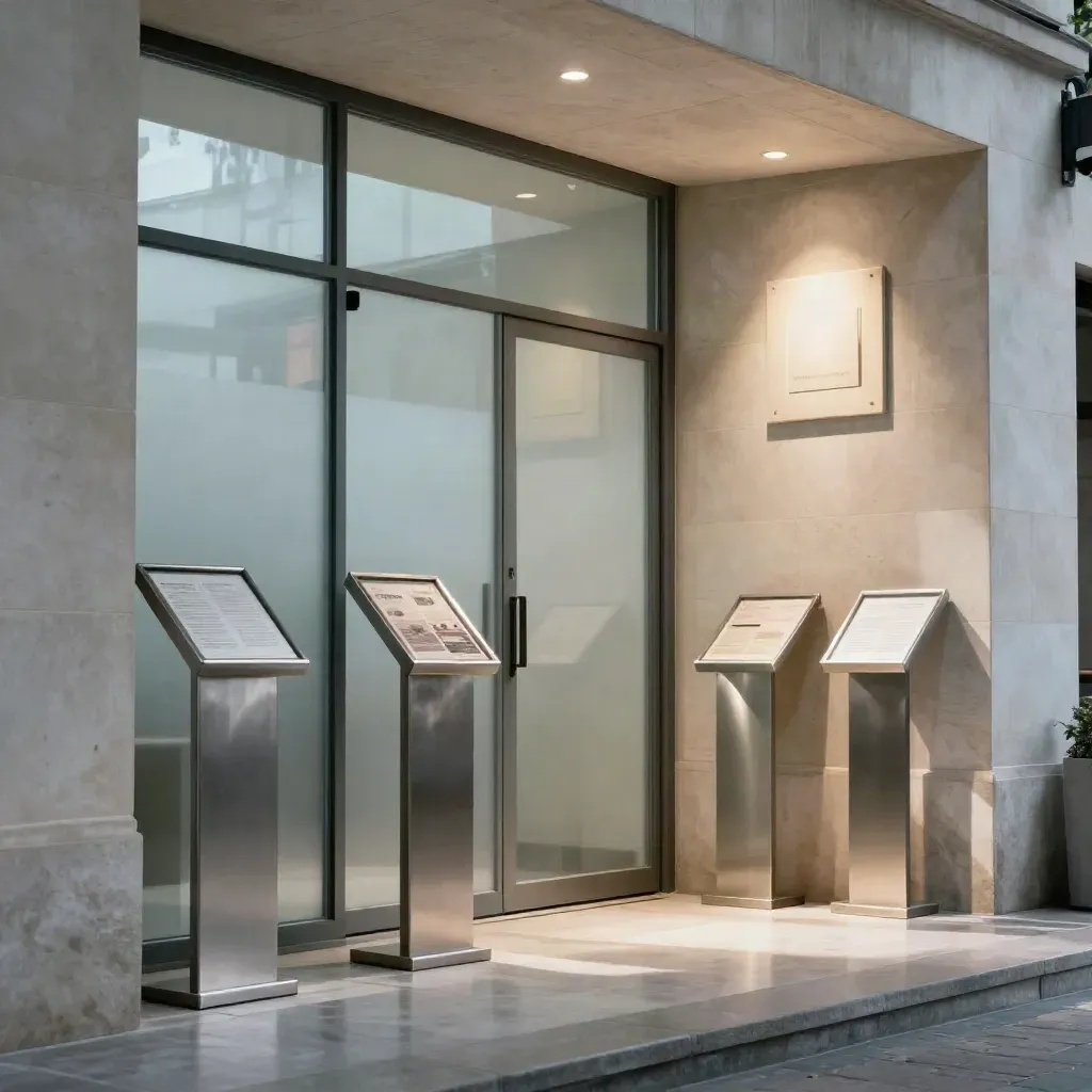 Ingresso di museo restaurato con segnaletica in vetro satinato e pietra chiara.