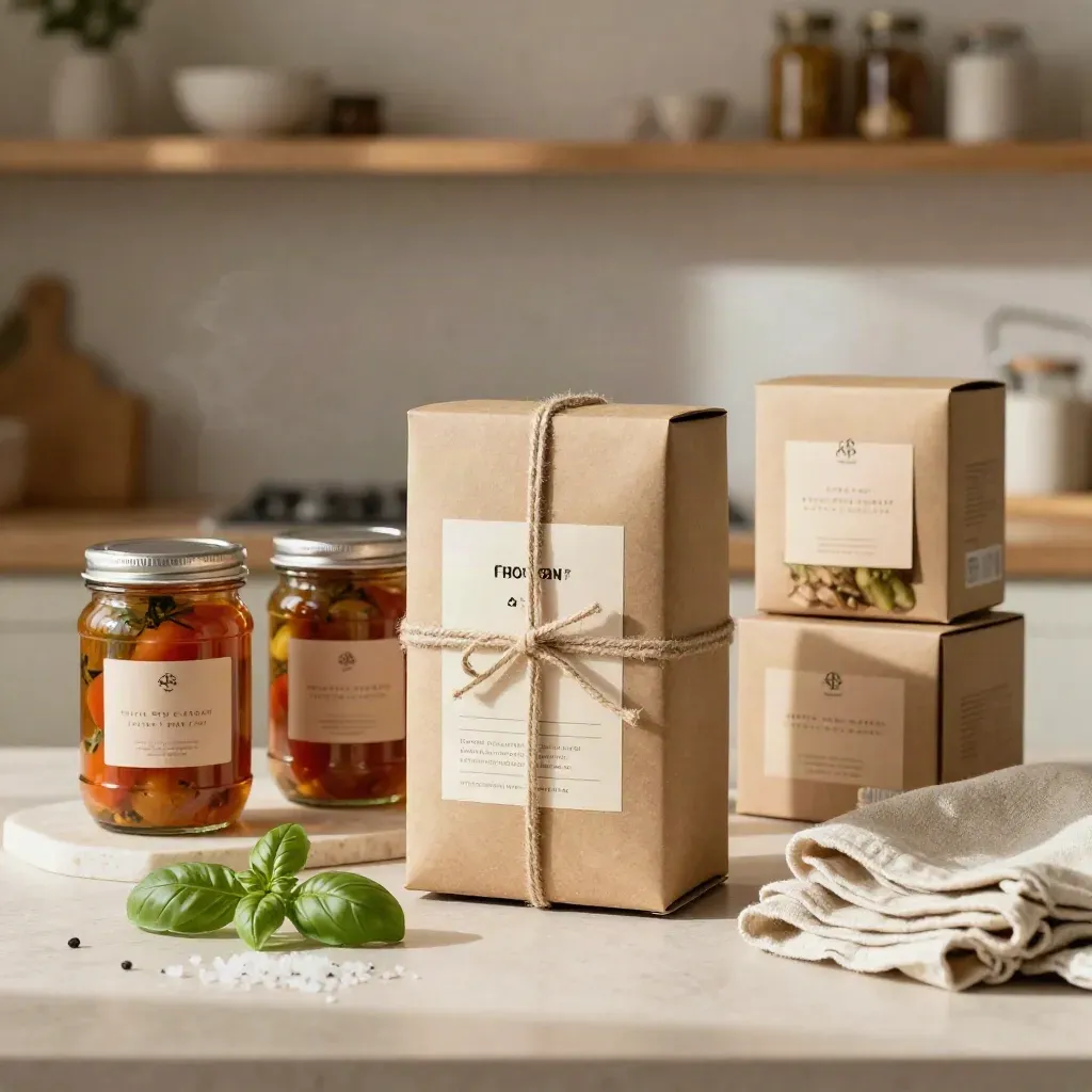 Allestimento food con barattoli in vetro, scatole campione e tessuto di lino su plinto di pietra.