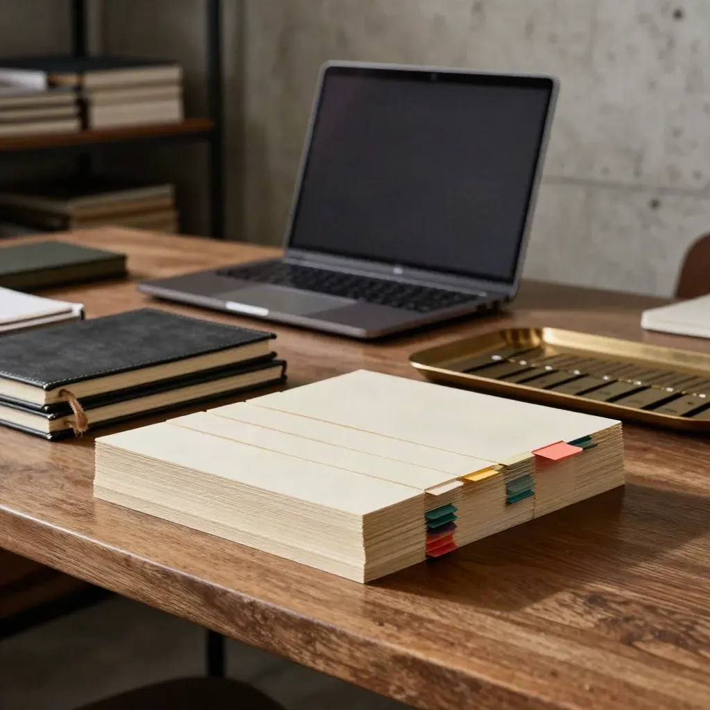 Card modulari, laptop chiuso e quaderni impilati su scrivania, in una scena ordinata e luminosa.
