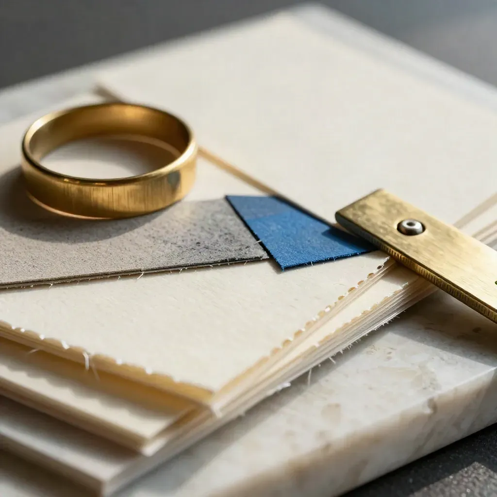 Swatch di carta, chip pigmento e guida in ottone su travertino