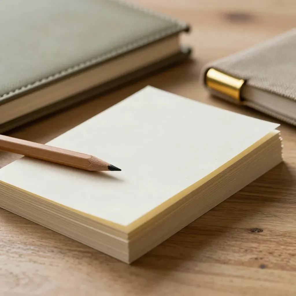 Schede bianche, divisori e planner in lino su legno, con luce radente e ombra profonda.
