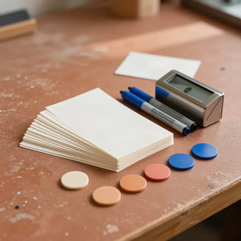 Kit da facilitatore workshop con carte, timer e gettoni colorati su tavolo rustico.