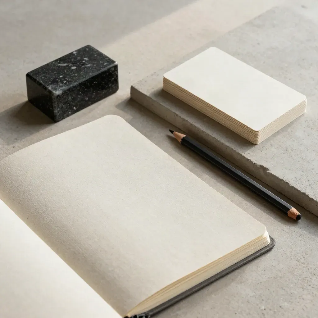 Flatlay dall’alto con taccuino chiuso, fermacarte, matita e carte per ascolto e brief.