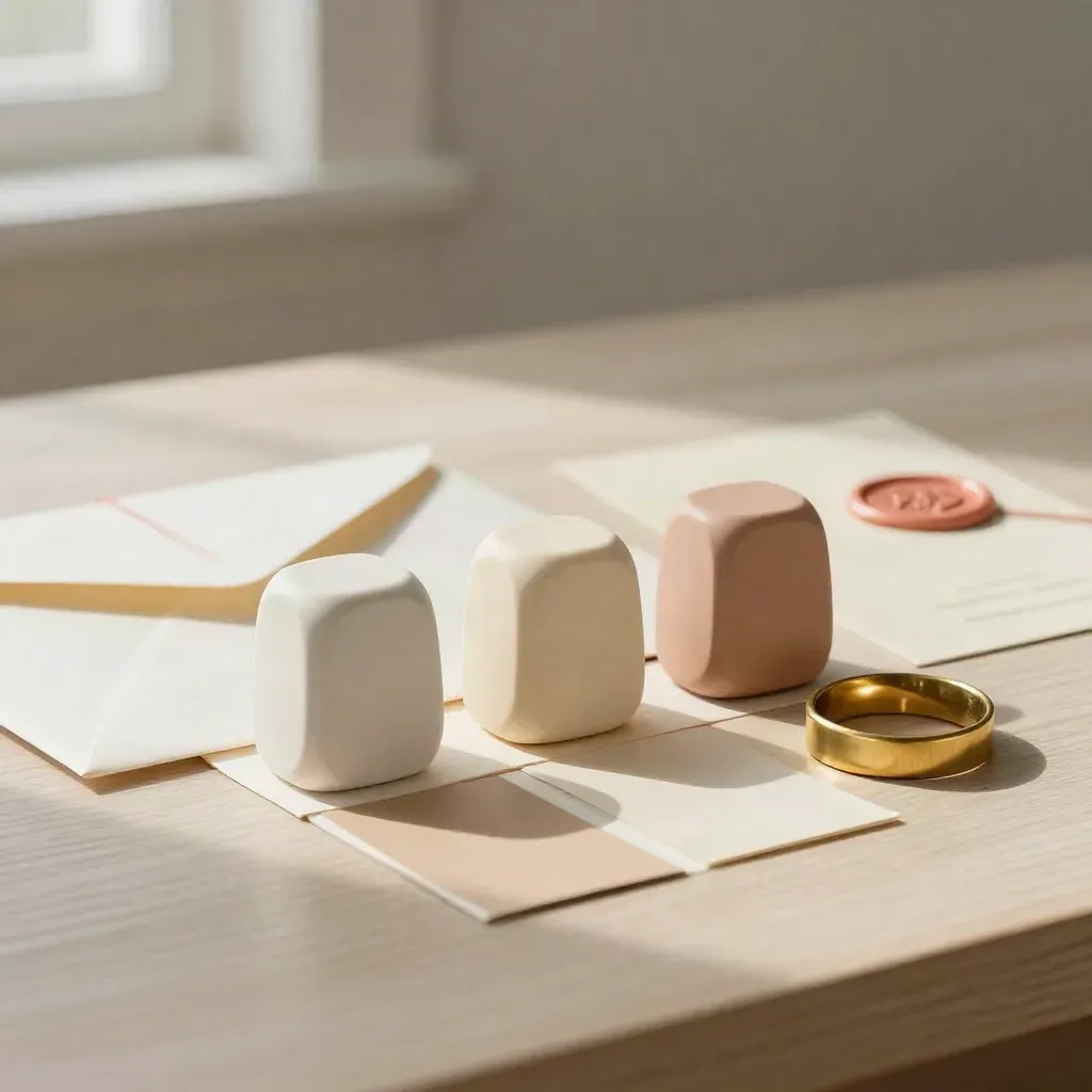 Chips materici, busta sigillata e anello di campioni su legno chiaro, luce morbida.