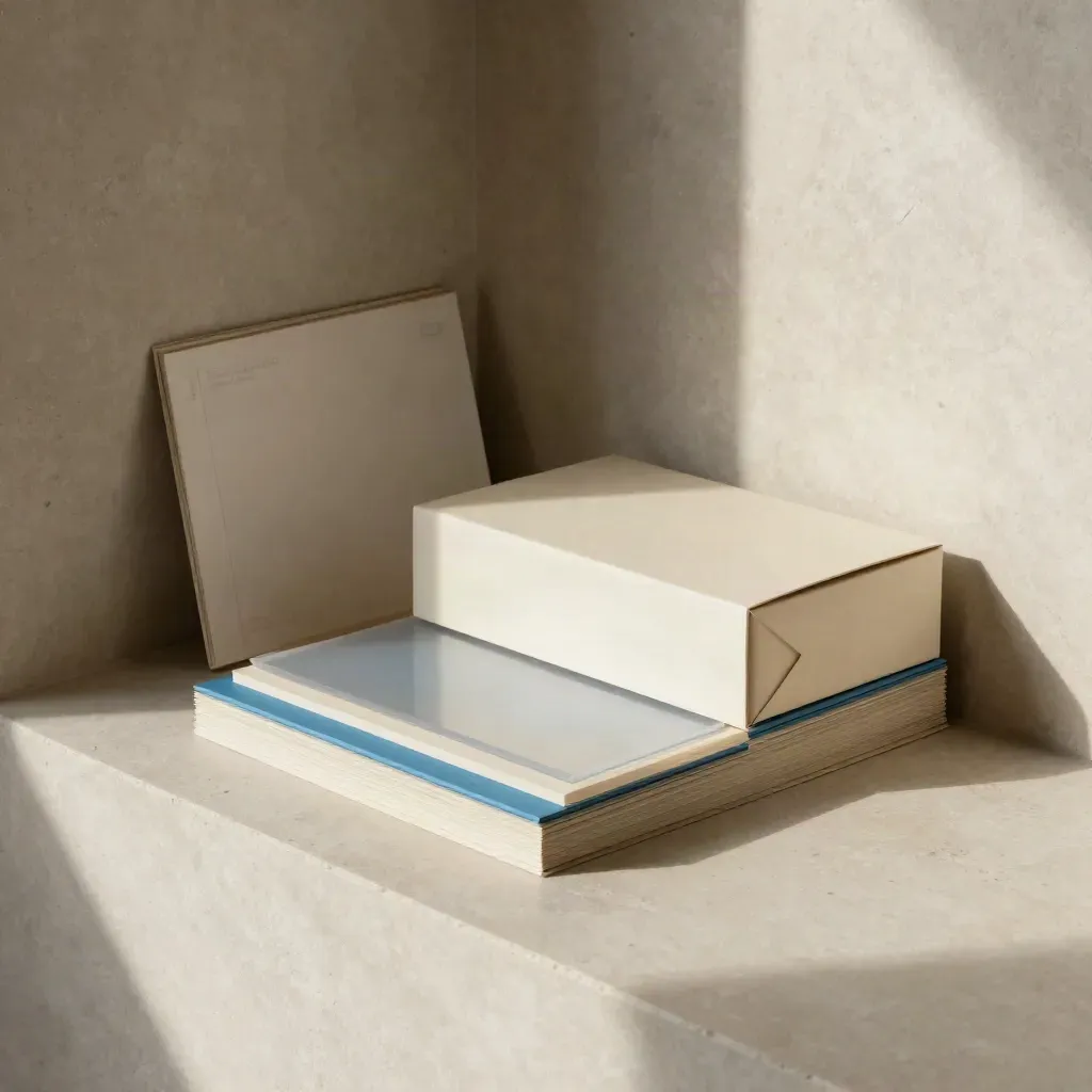 Mockup piegati, scatola campione sigillata e fogli acetato su mensola chiara