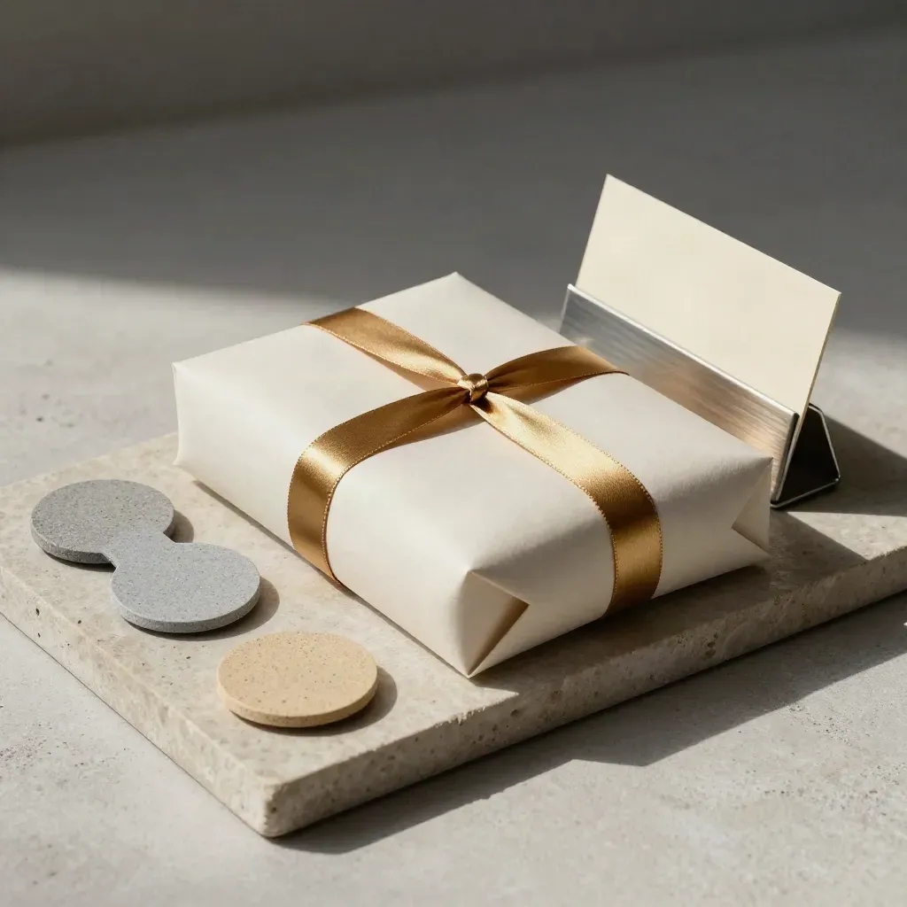 Kit di lancio su vassoio in pietra con pacco avvolto, nastri e card holder elegante.
