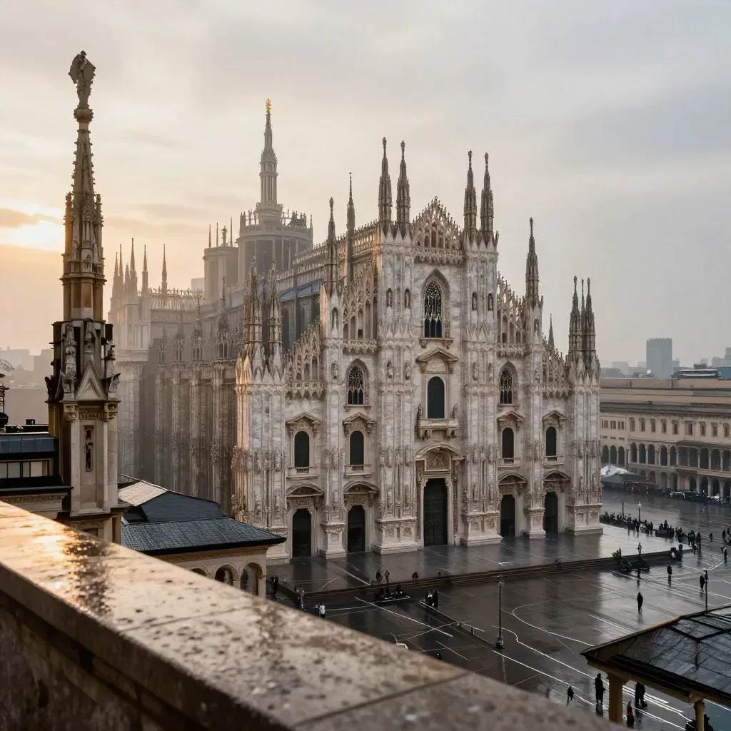 Milano vista dall’alto con Duomo, città bagnata e luce dorata dopo la pioggia