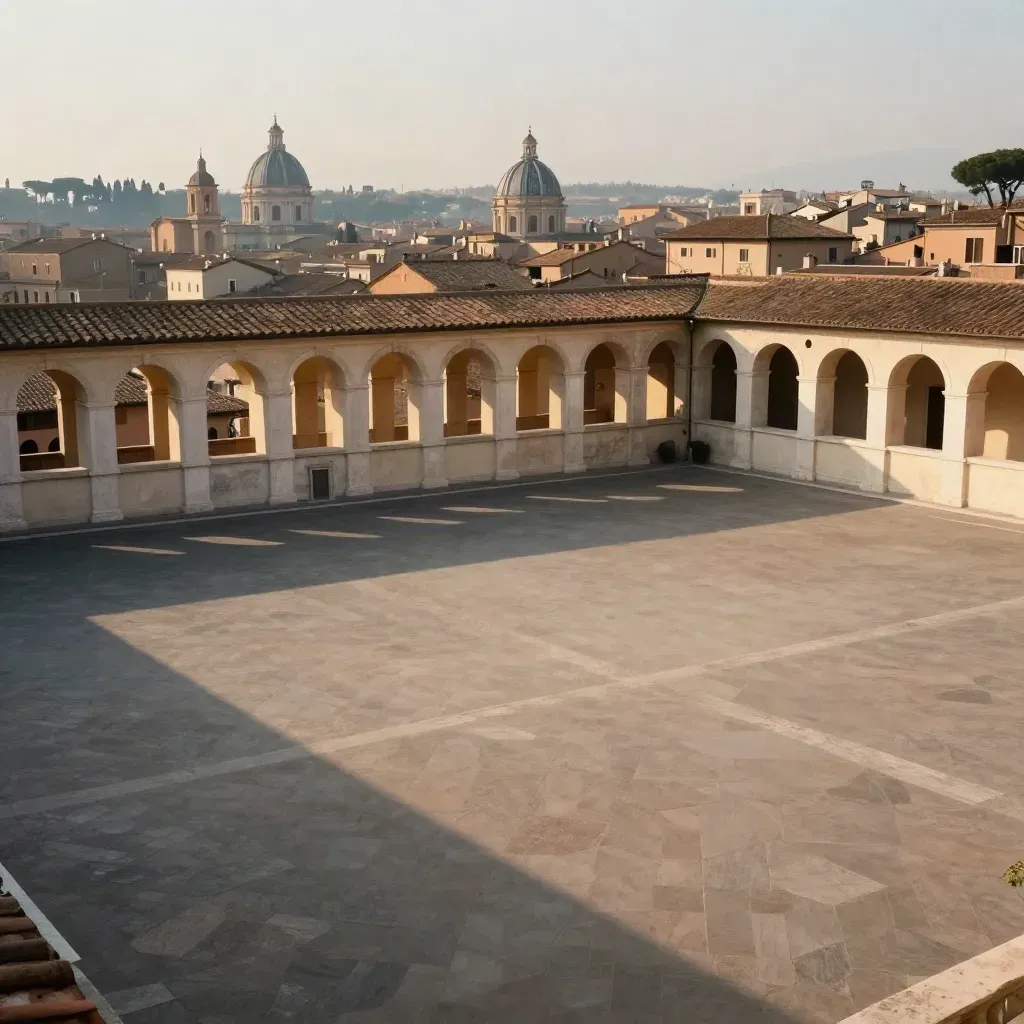 Roma al tramonto vista da una terrazza alta, cupole lontane e terrazze in travertino.