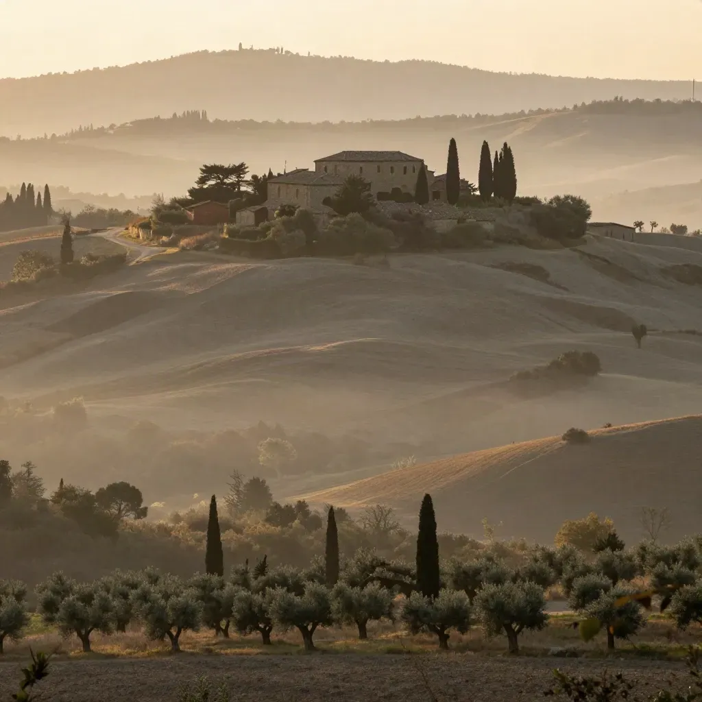 Colline toscane al tramonto con cipressi, casolare in pietra e foschia dorata.