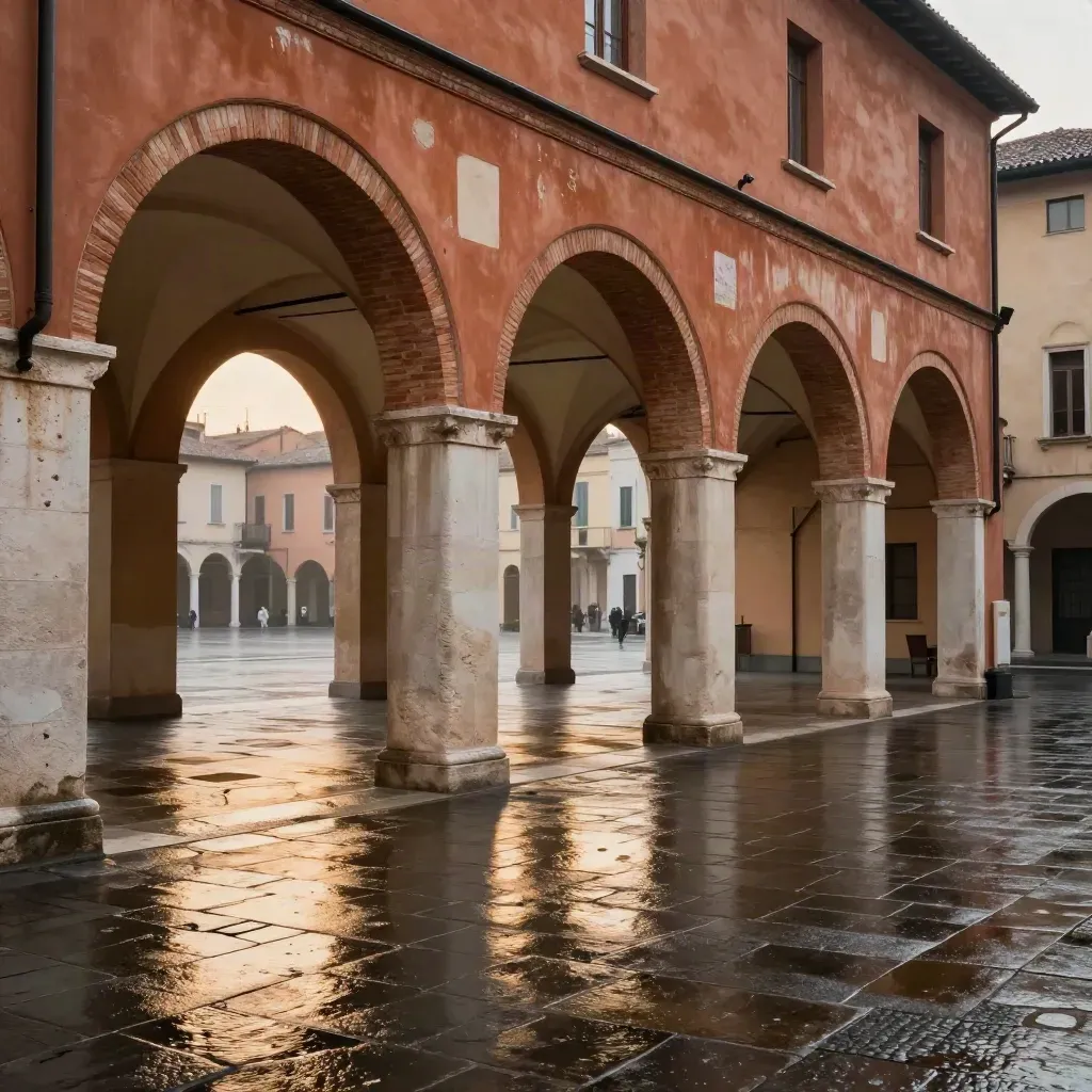 Portici in terracotta di Emilia-Romagna dopo la pioggia, piazza umida e riflessi caldi.
